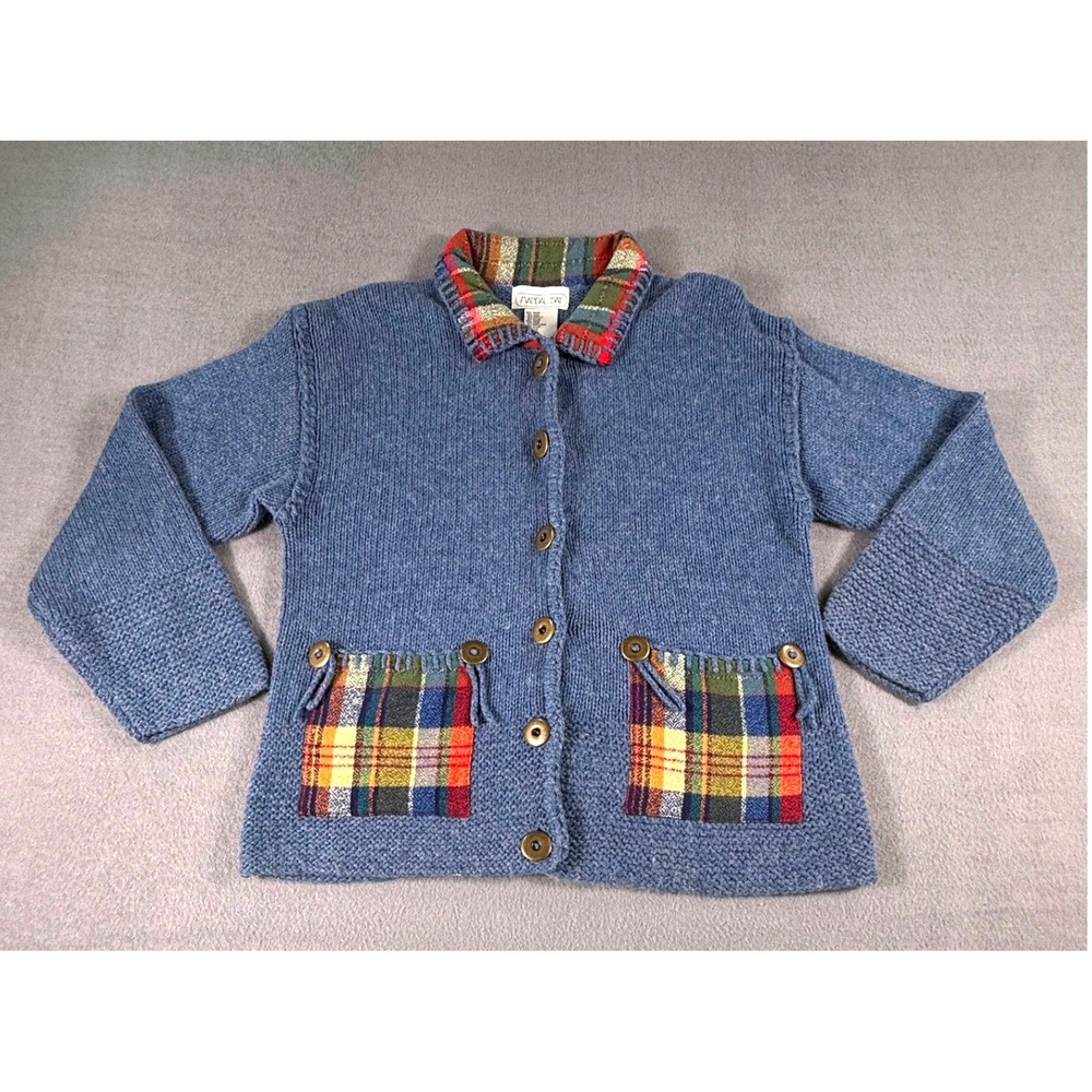 Mandal Bay Knit Cardigan Plaid Trim Cottagecore Button Sweater S Cozy Y2k 90s